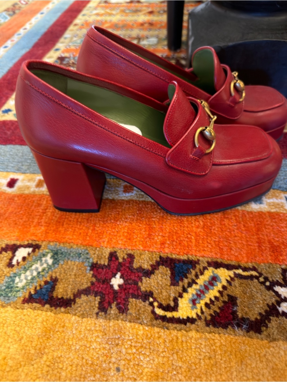 GUCCI Red Leather Platform Loafers with Gold Bit Detail
